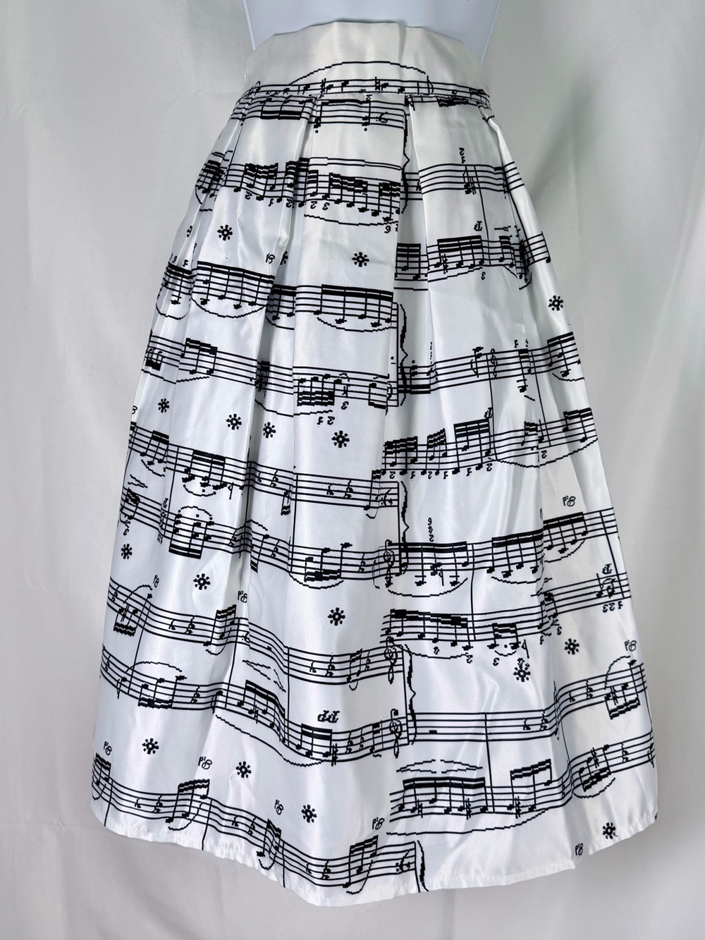 Music Note Print Pleated Midi Skirt White Black Satin Elastic Waist Retro - S